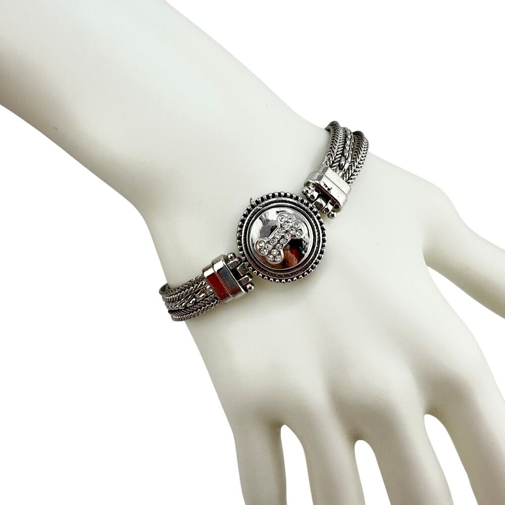 Gingersnaps Petite Snap Charm Dog Bone Cystal Silver Tone 6.25-7.75" Bracelet